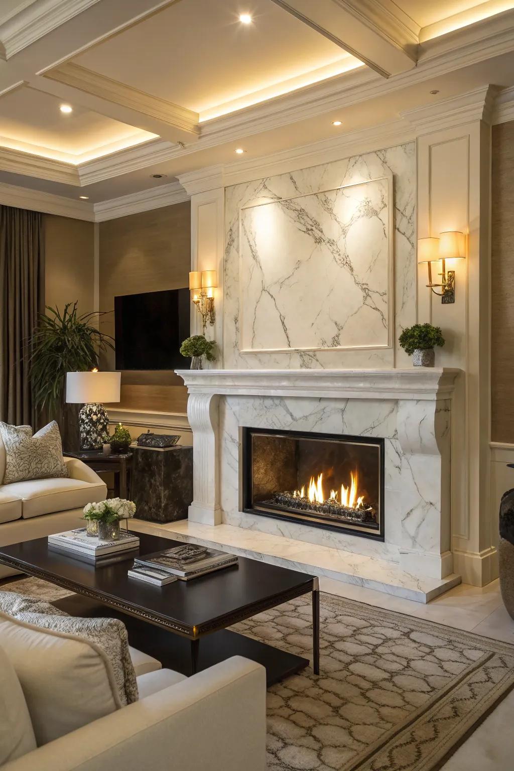 An elegant living room featuring a fireplace with a luxurious marble surround.