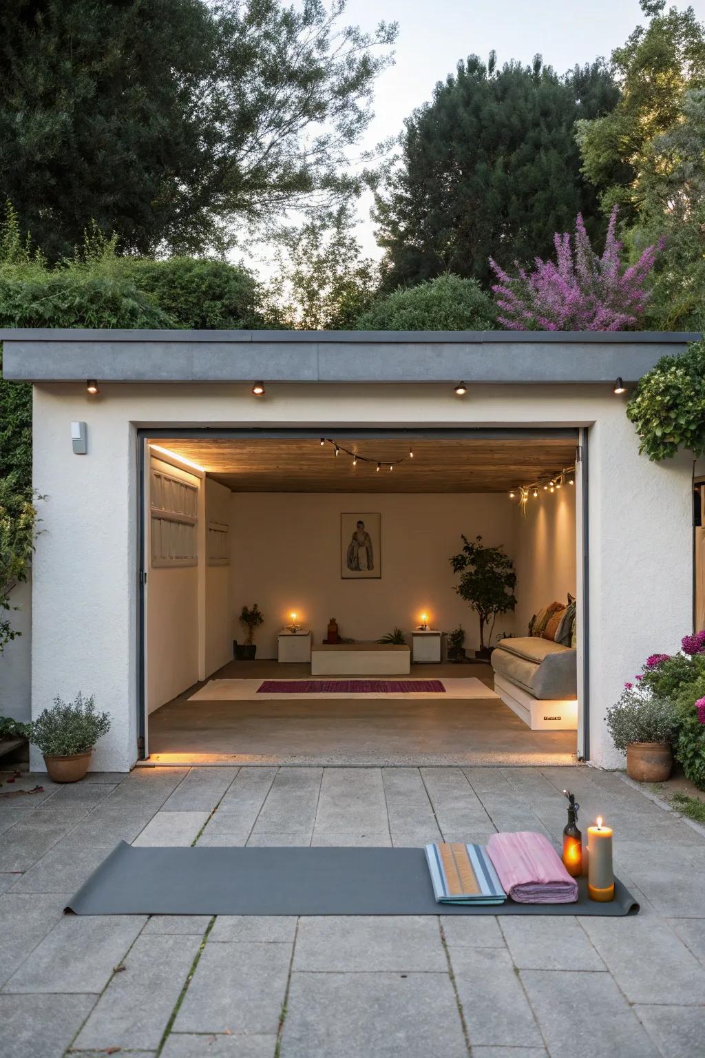 A rooftop meditation space on a flat roof garage offers a peaceful escape.