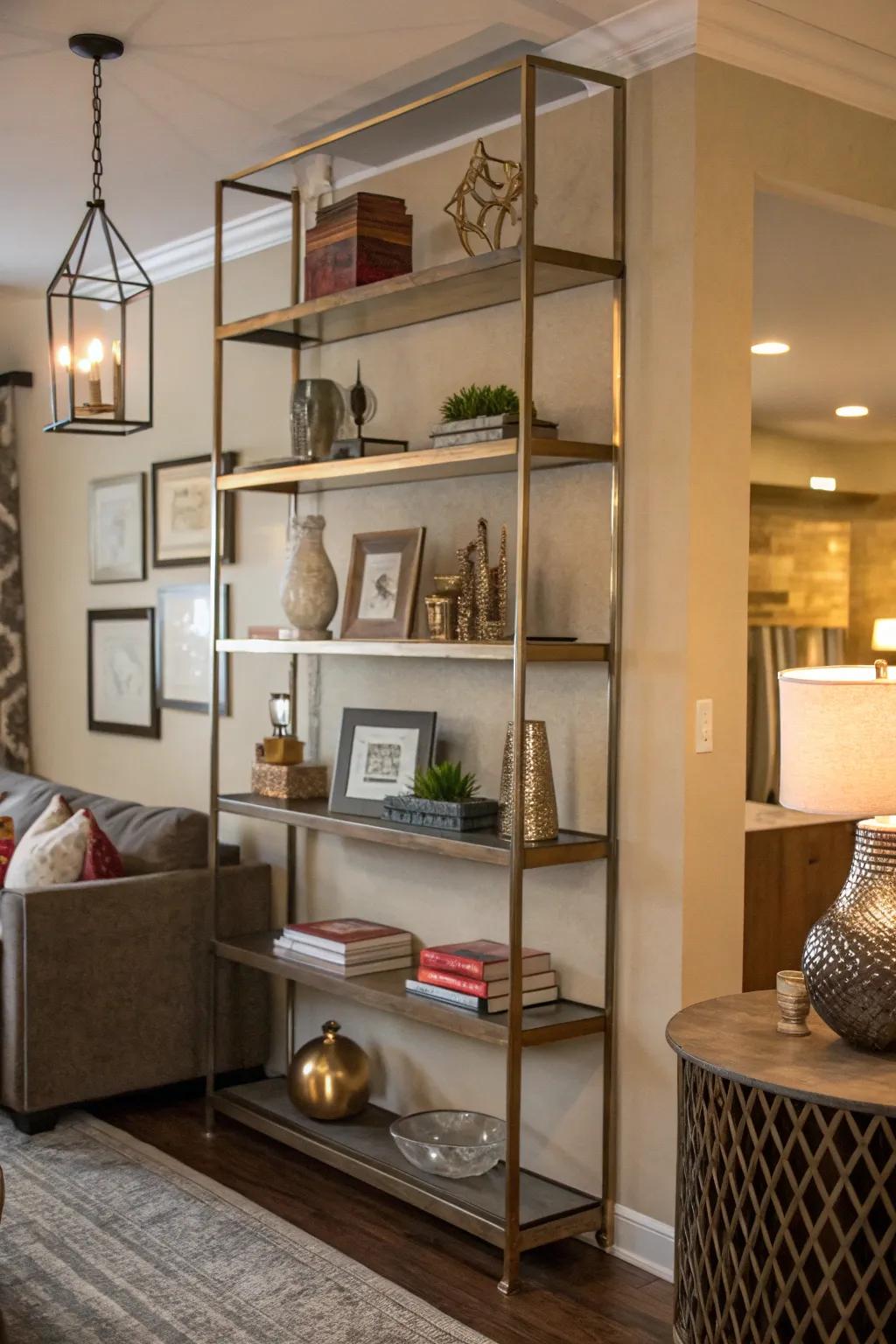 Metallic floating shelves adding a touch of glamour