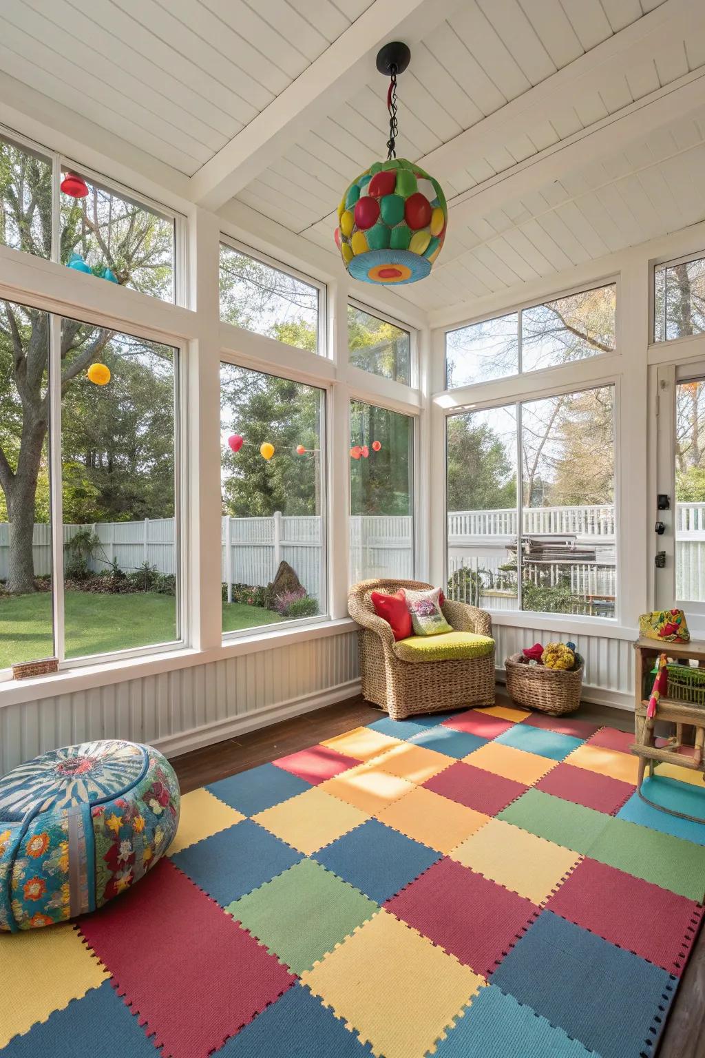 Rubber flooring combines fun and functionality in this family-friendly space.