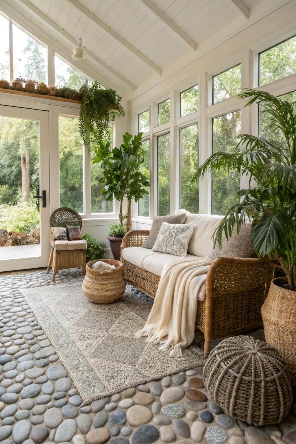 Spa-like sunroom with pebble tile flooring.