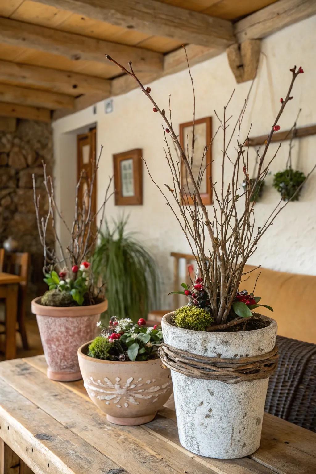 Twig-adorned flower pots bringing rustic charm indoors.