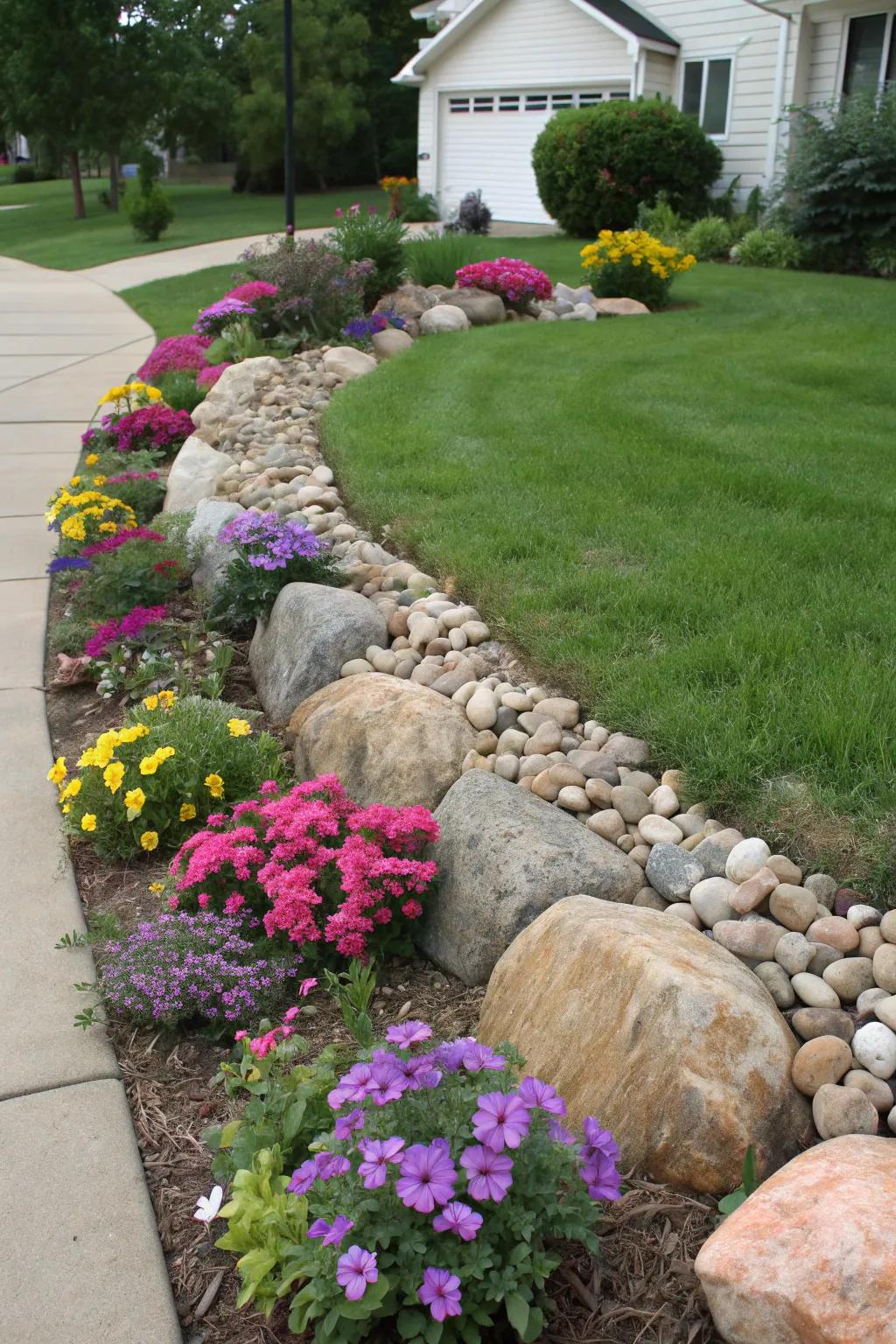 Rock borders defining spaces around flower beds in a cohesive garden design.