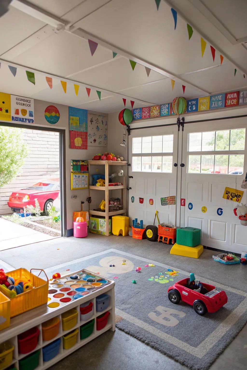 A playful and safe area for kids inside a garage.