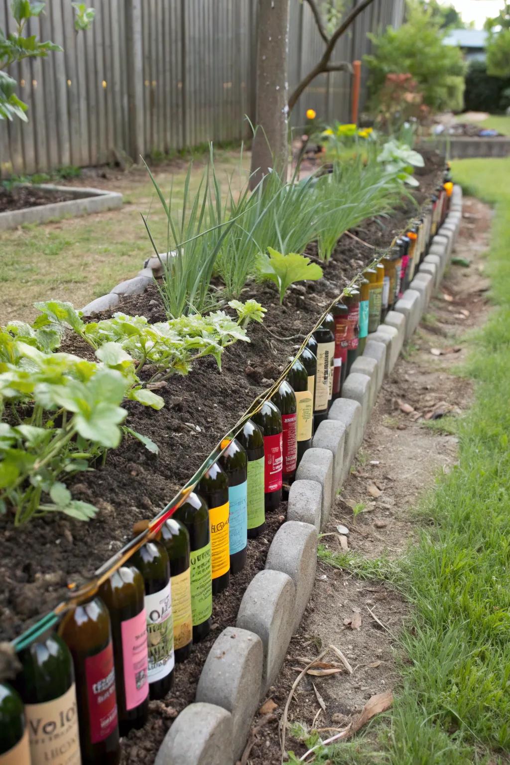 Whimsical wine bottle edging adds a playful touch to gardens.