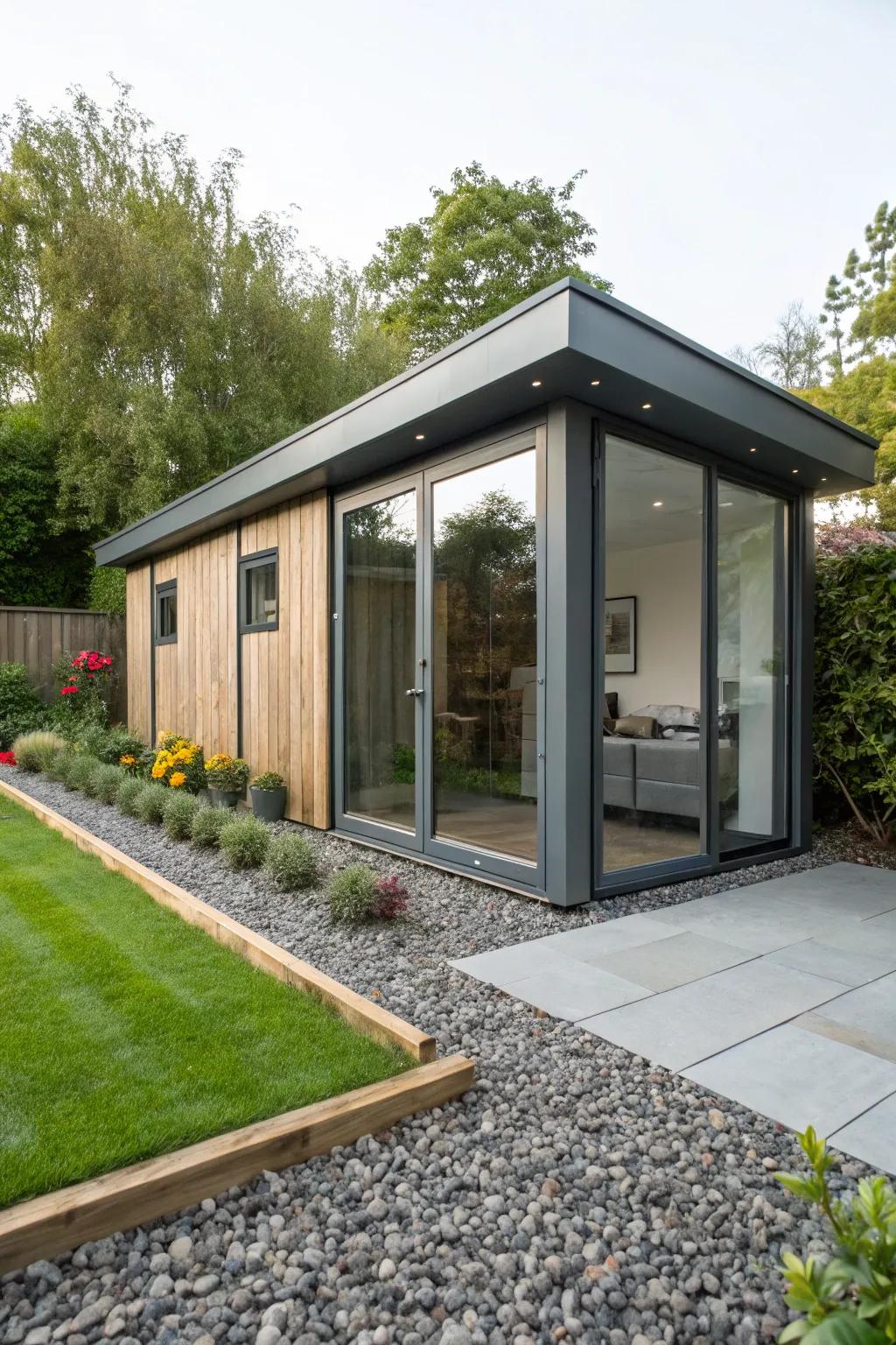 Frame your garden studio with sleek slate chippings for a modern touch.