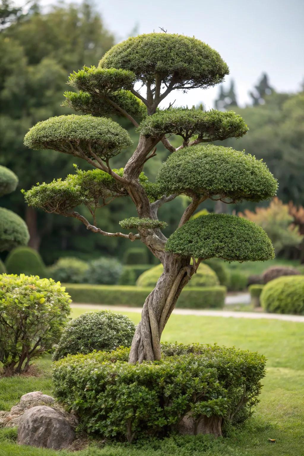 A garden tree pruned into a unique sculptural shape.