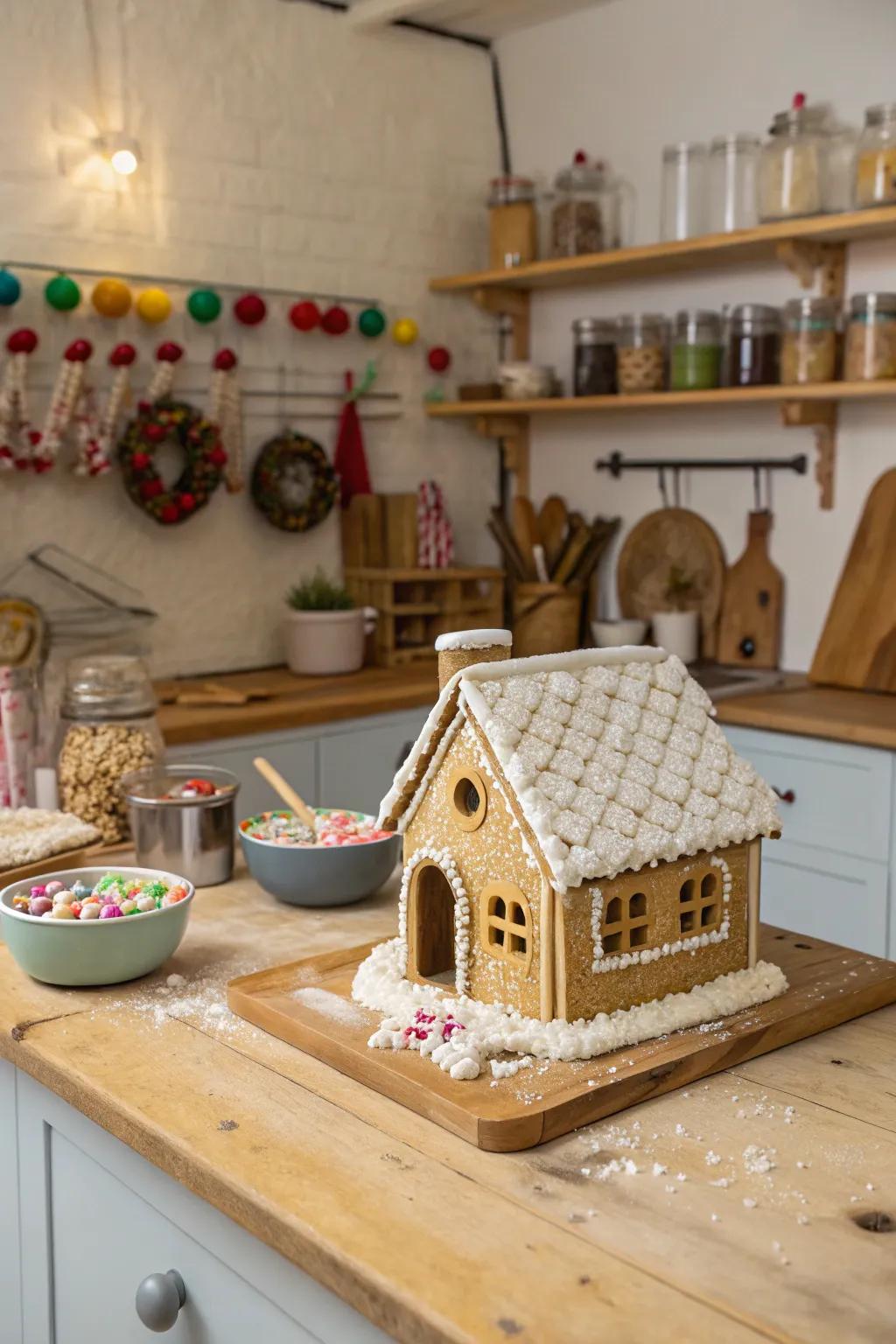 A puffed rice-covered gingerbread roof.