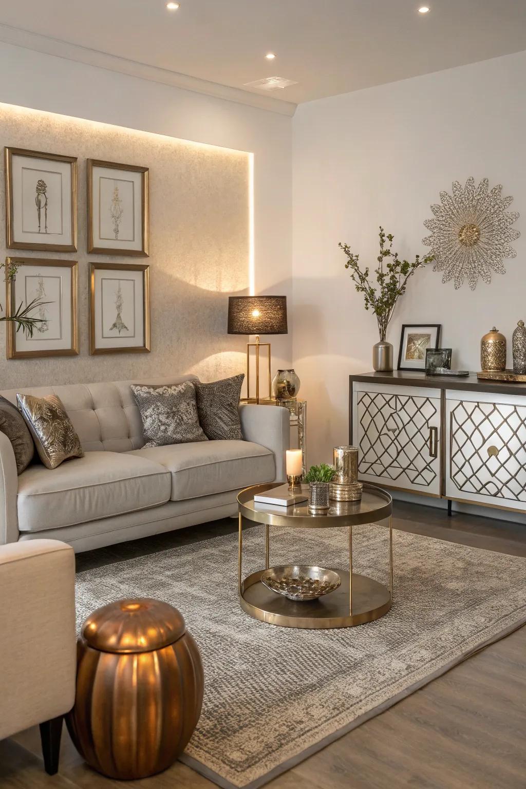 A modern living room with subtle metallic accents.