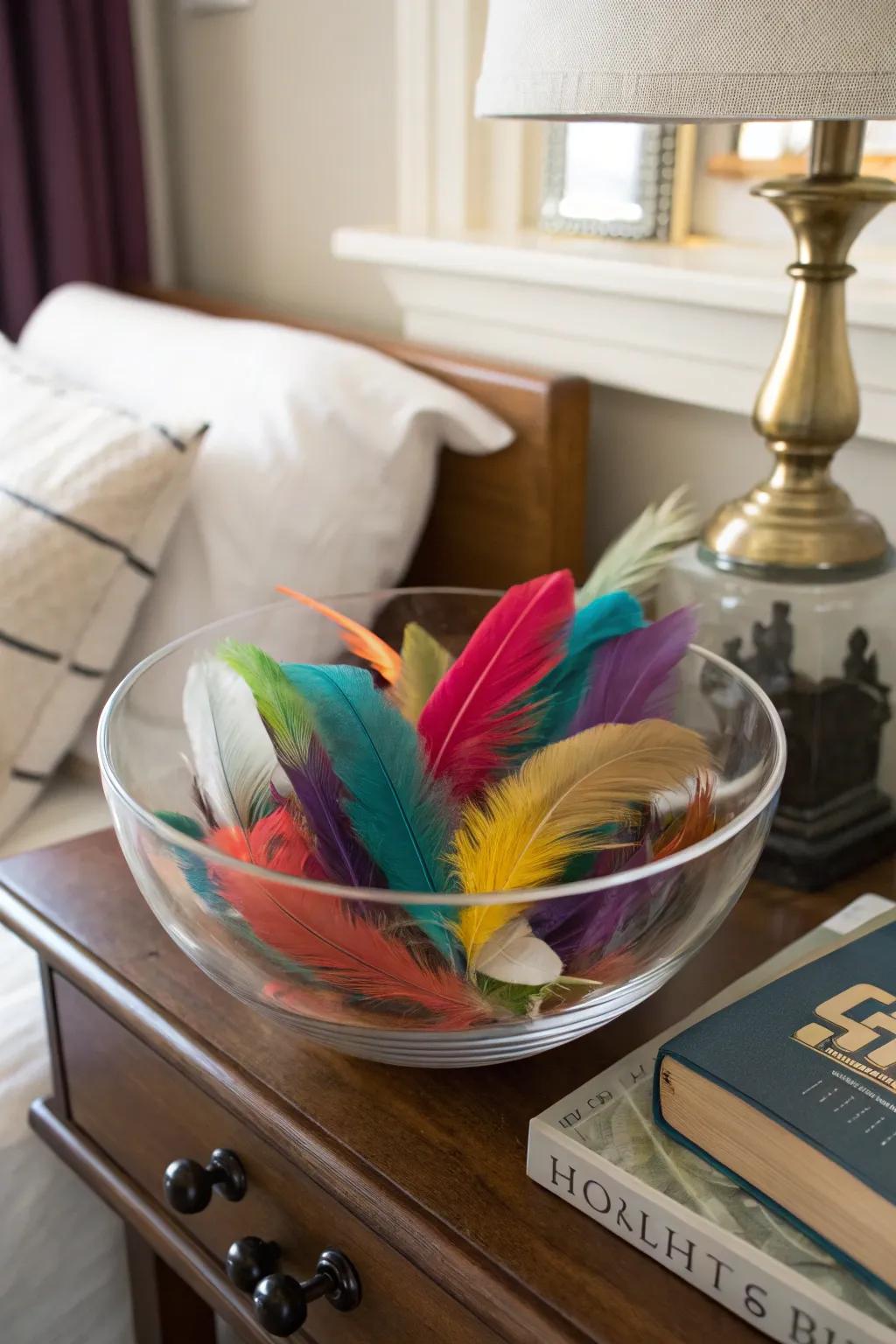 Whimsy and color with feathers in a glass bowl.