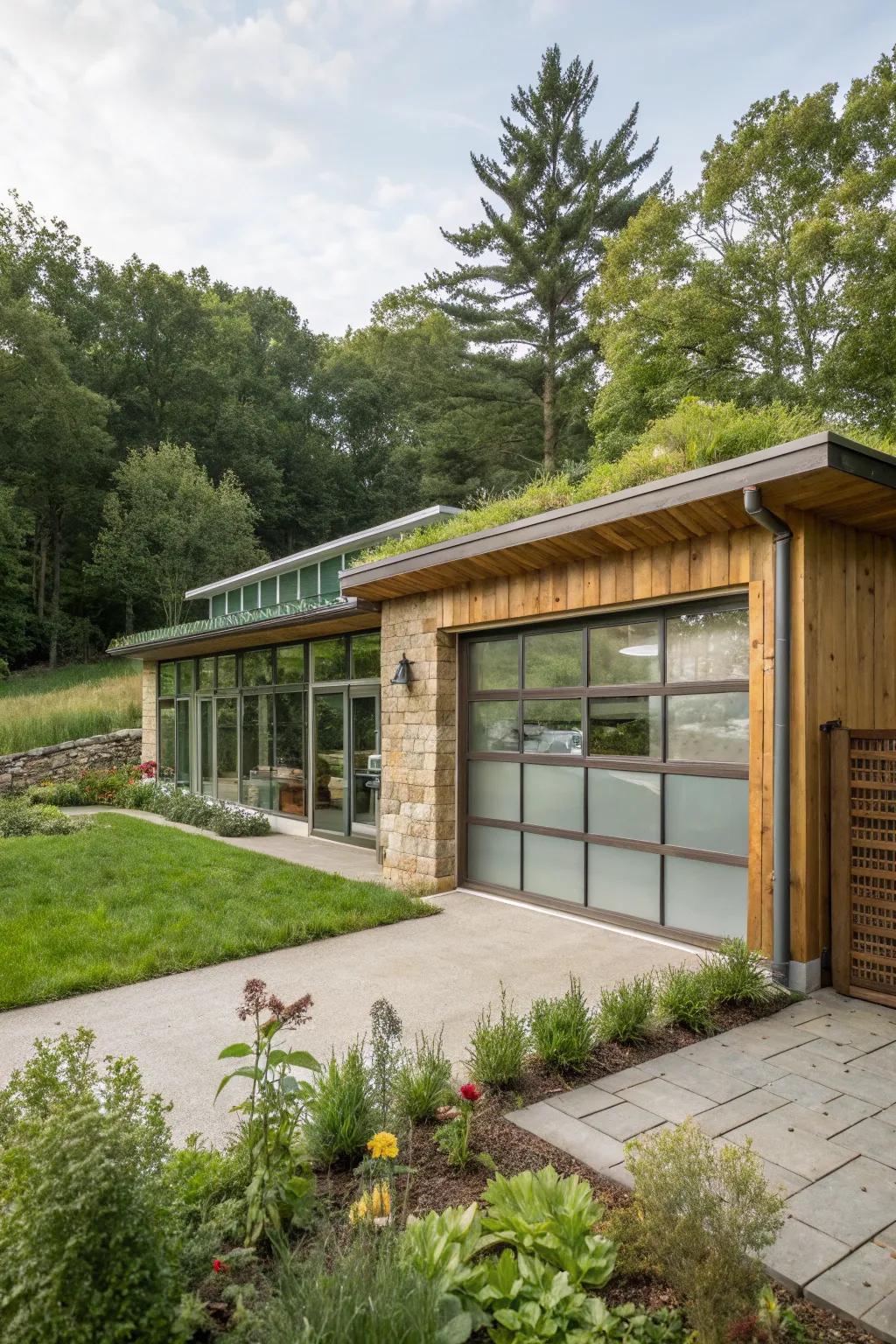 A sustainable home design featuring a glass garage door.