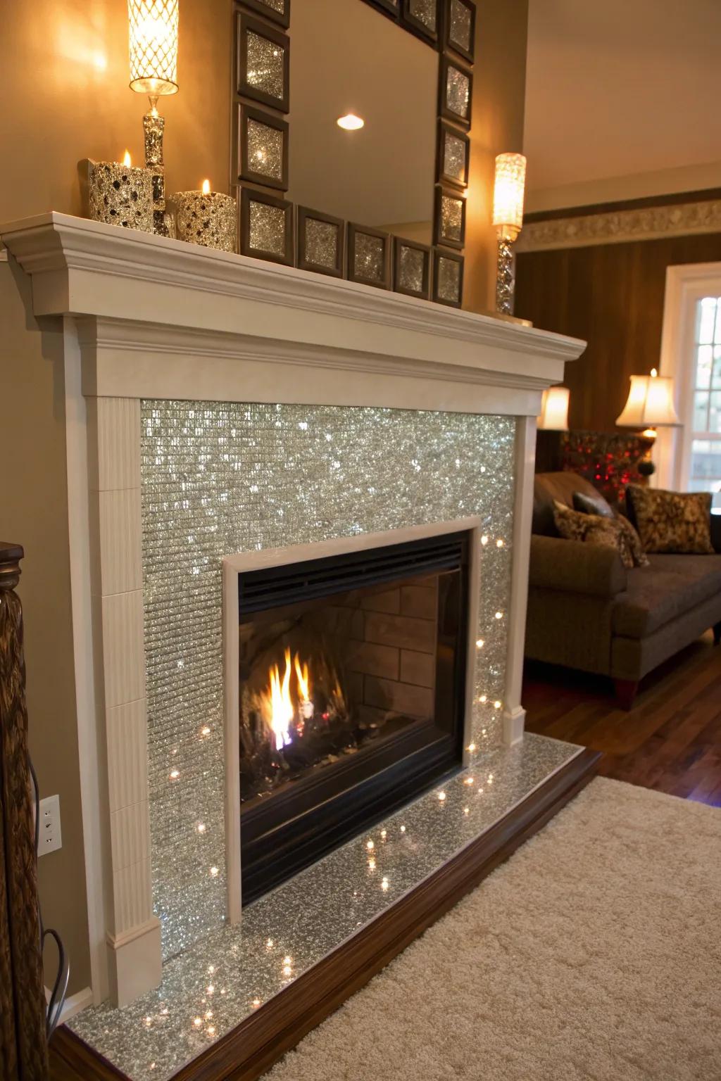 Glass tiles on a fireplace mantel turn it into a sparkling focal point.