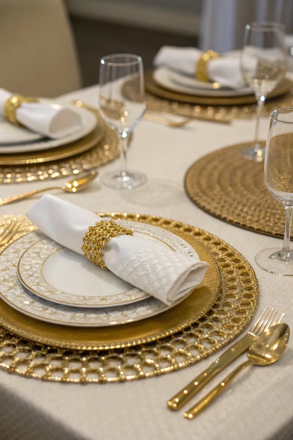 Gold-accented place settings elevate the dining experience.