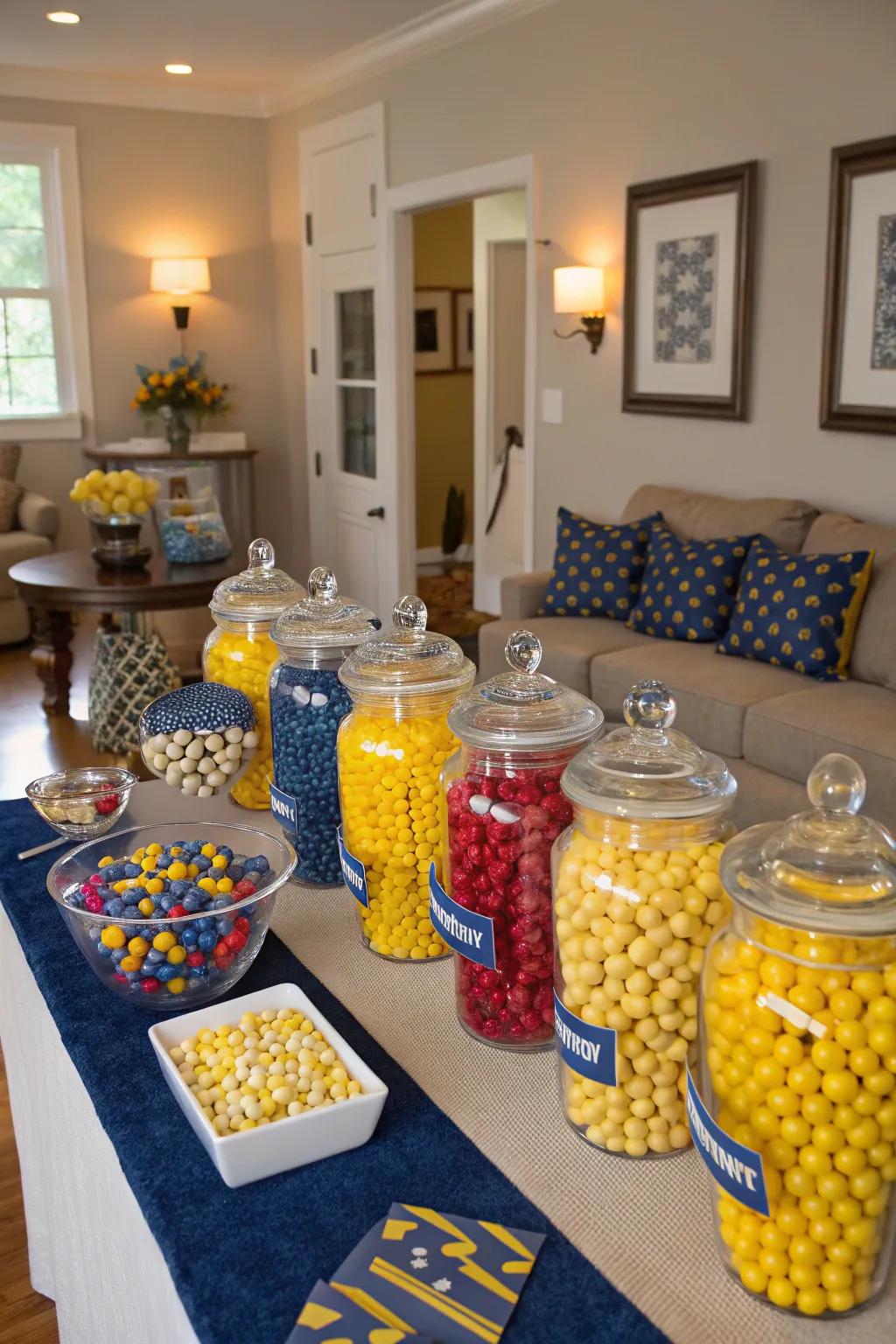 Candies in school colors create a cohesive and celebratory theme.