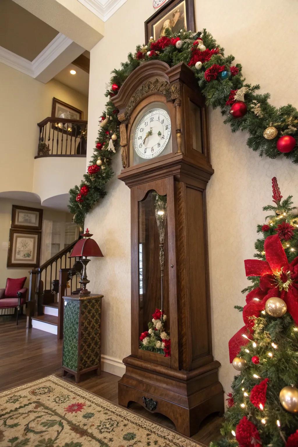 A grandfather clock transforms into a festive holiday centerpiece.