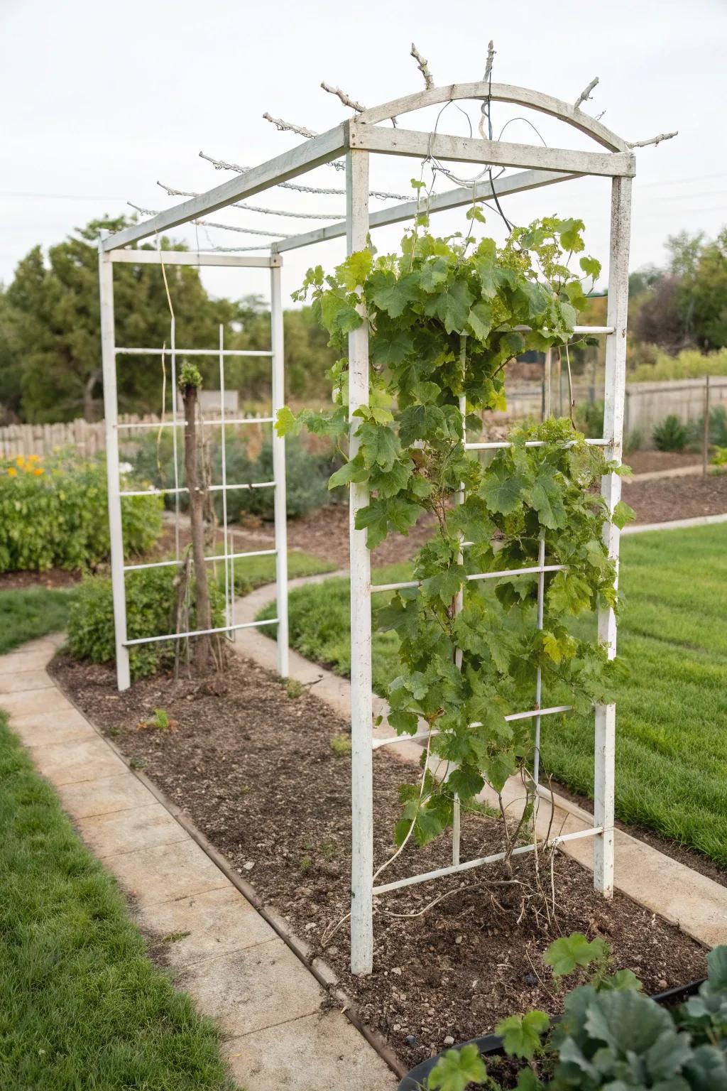 Minimalist wire trellises highlight the elegance of grapevines.