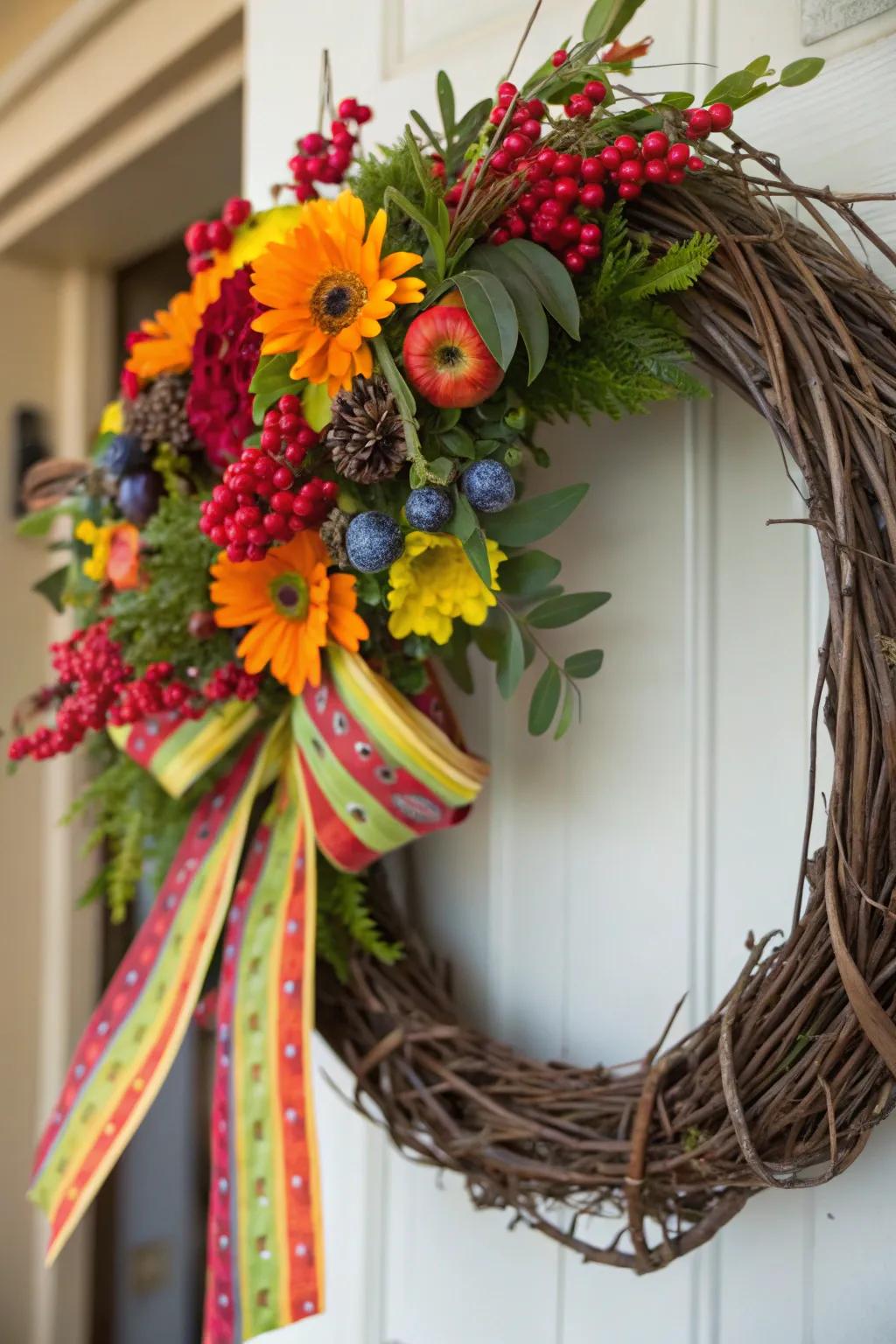 A festive-themed grapevine wreath with vibrant colors.