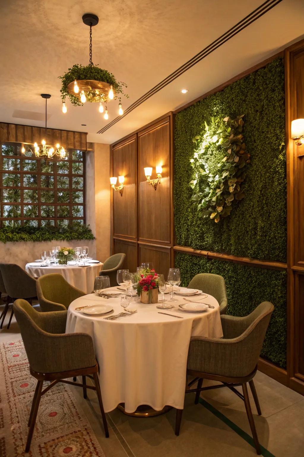 A grass wall in the dining room adds a fresh and inviting touch to meal times.