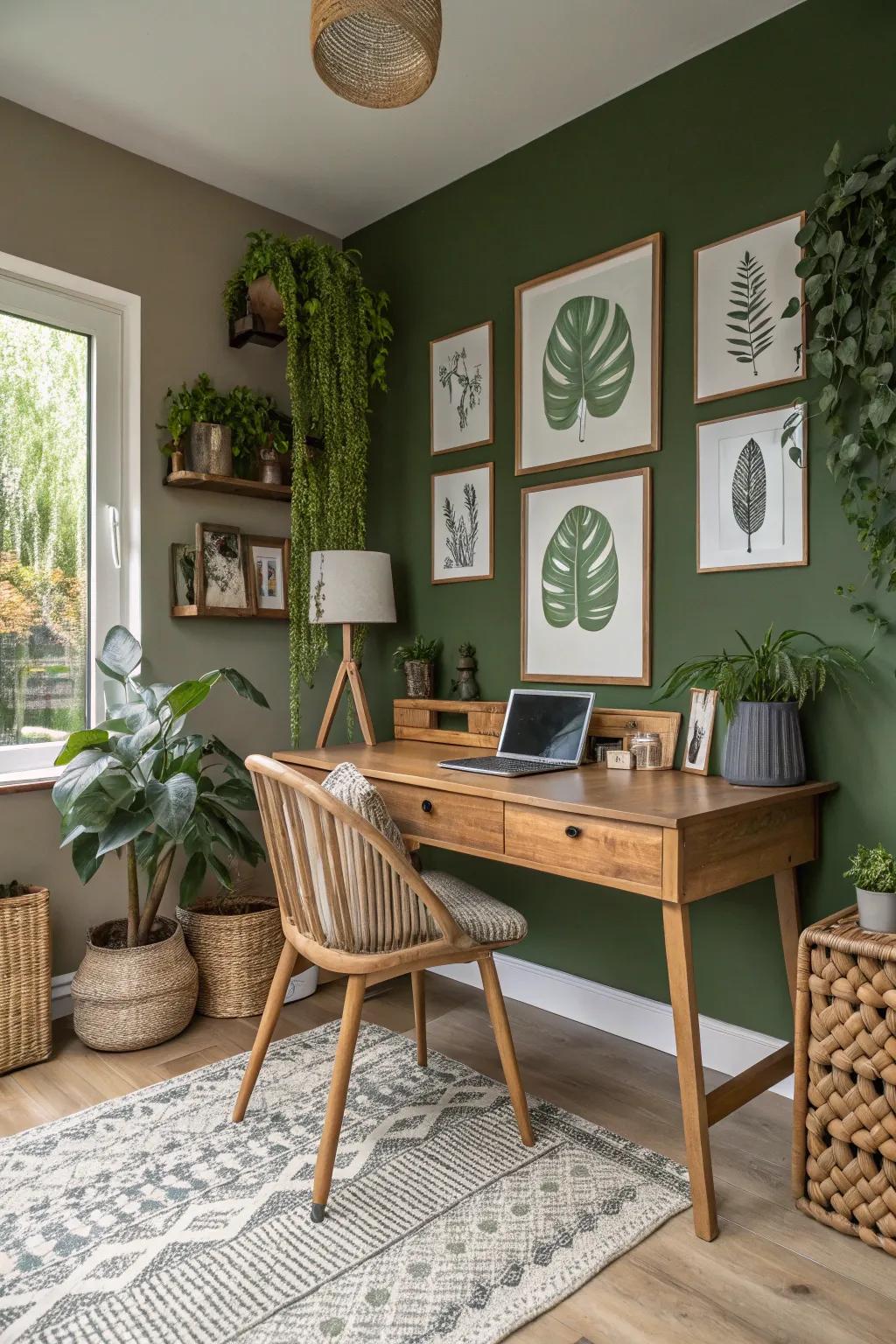 A moss green wall brings a garden feel to this calming office space.