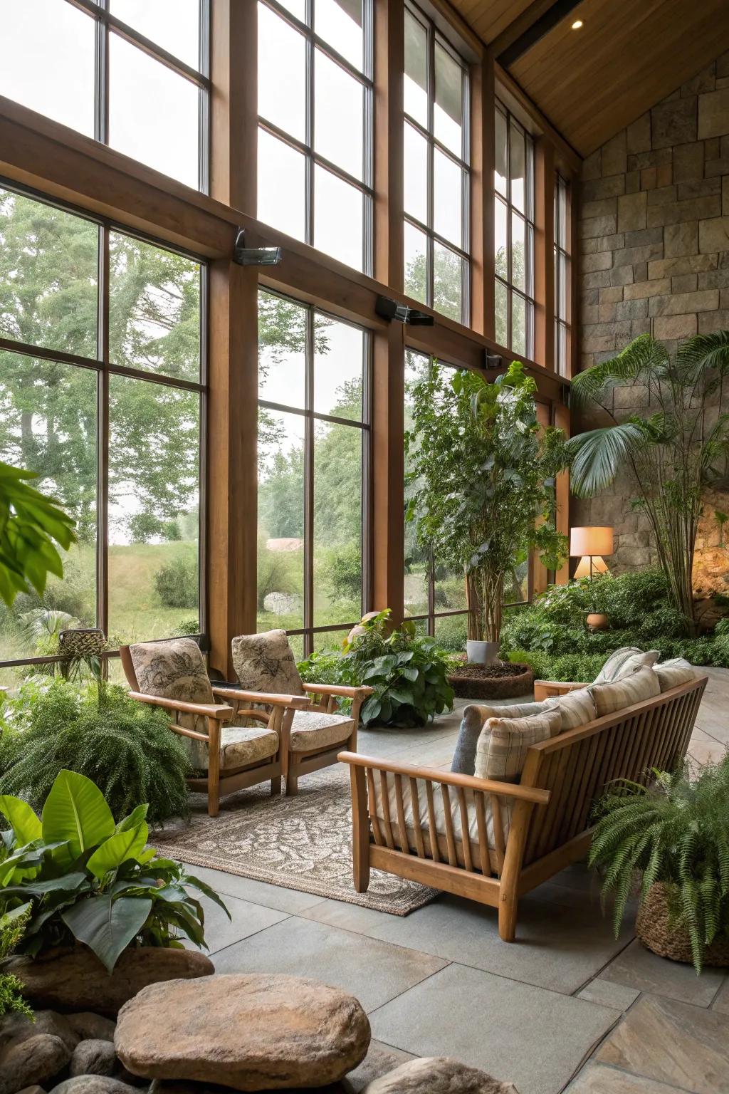 A living area that embraces biophilic design principles.