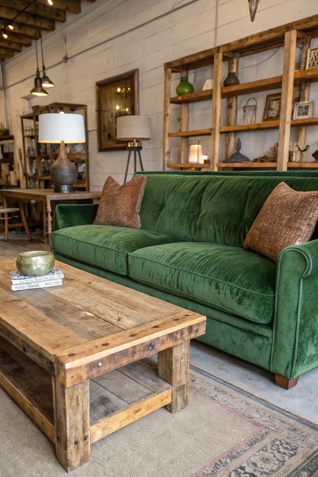 A warm and inviting living room with a green velvet couch and rustic elements.