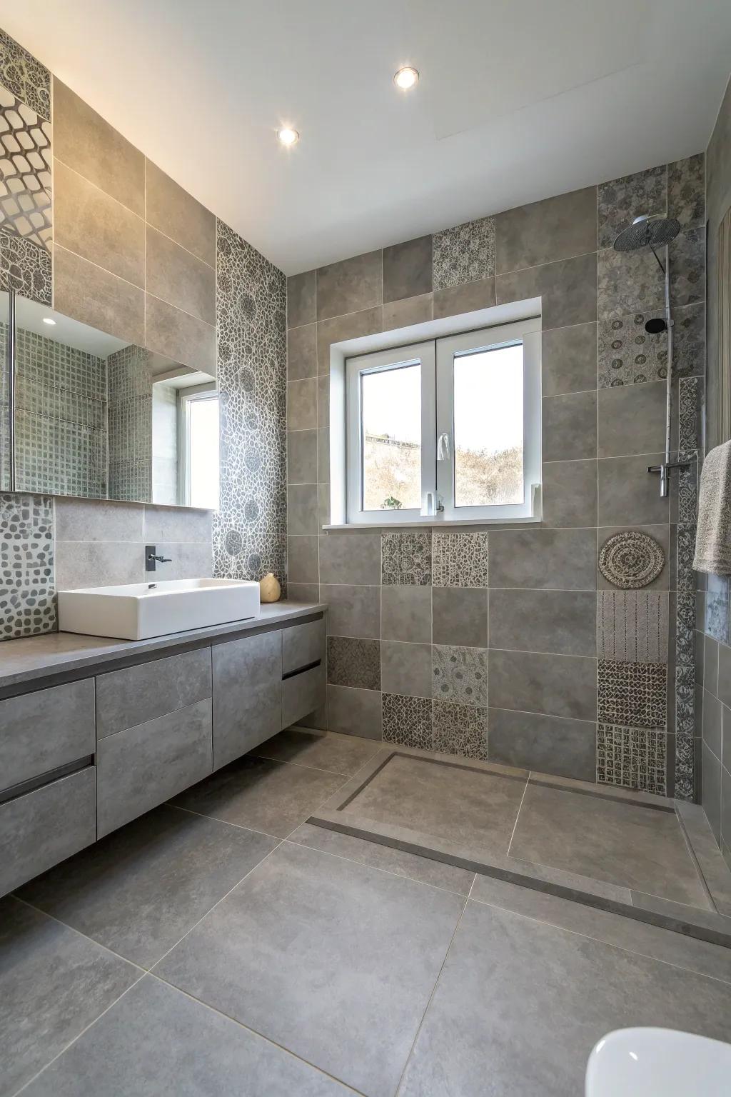 Grey tiles in different textures and sizes add depth to this modern bathroom.