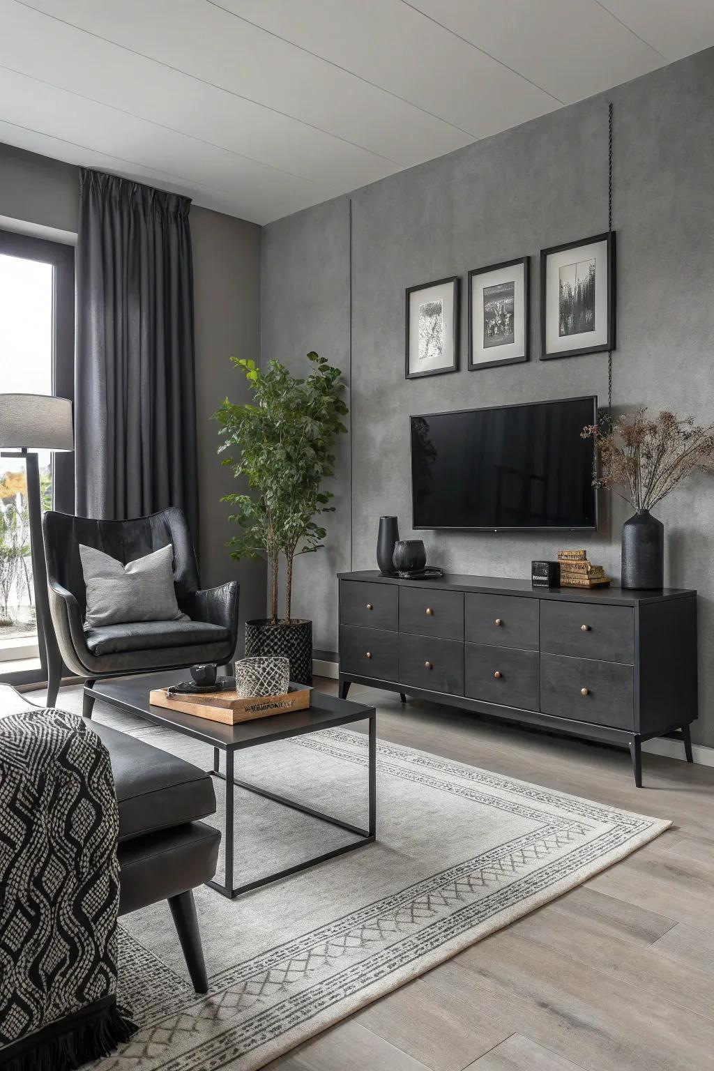 Black accents provide striking contrast in this grey-themed room.