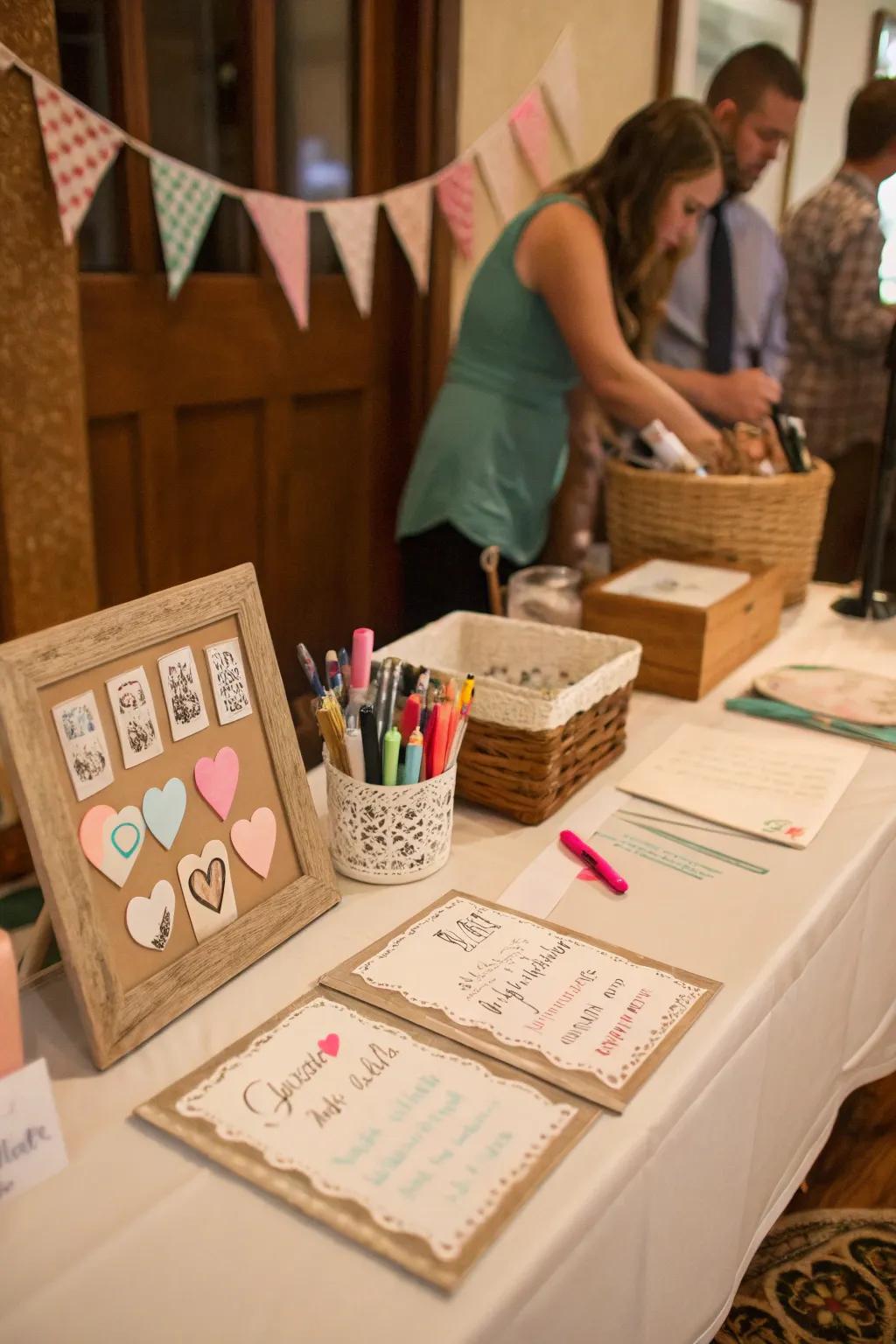 A DIY craft station encourages creative guest messages.