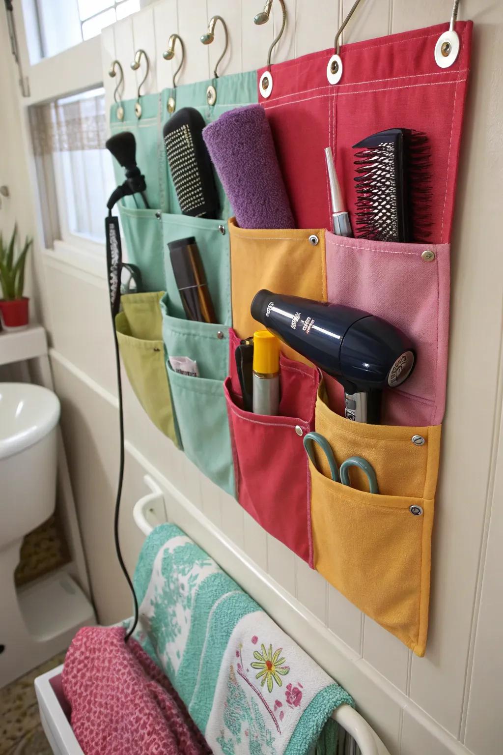 Stylish fabric wall pockets add color and efficient storage.