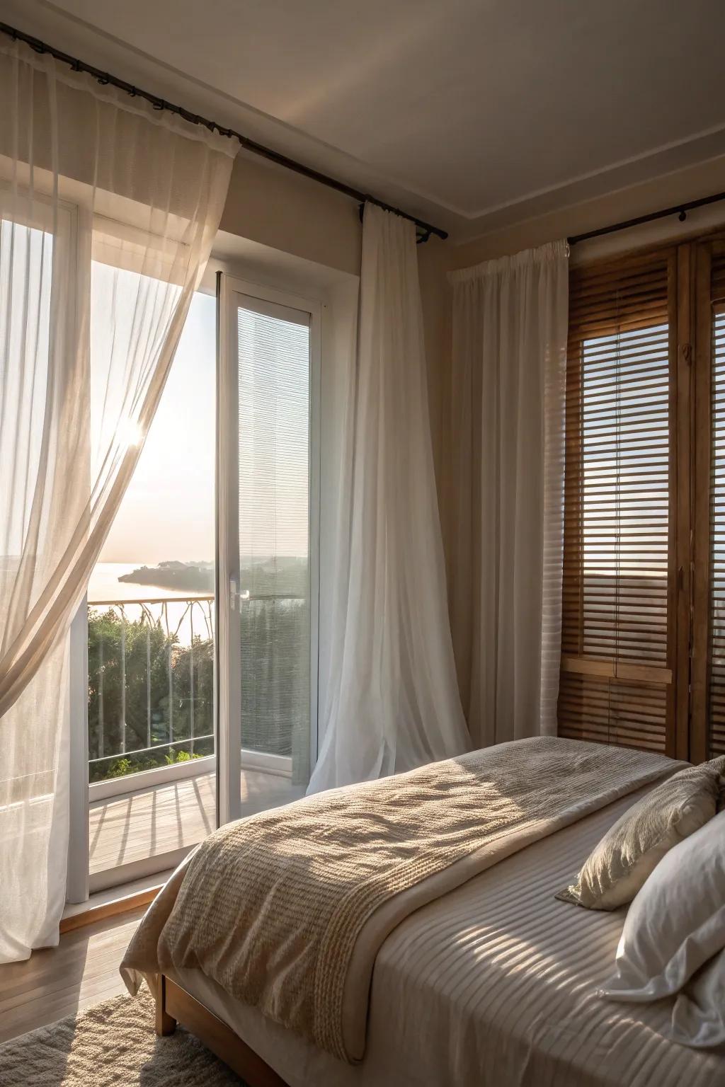 Dreamy bedroom with half blinds and sheer curtains.