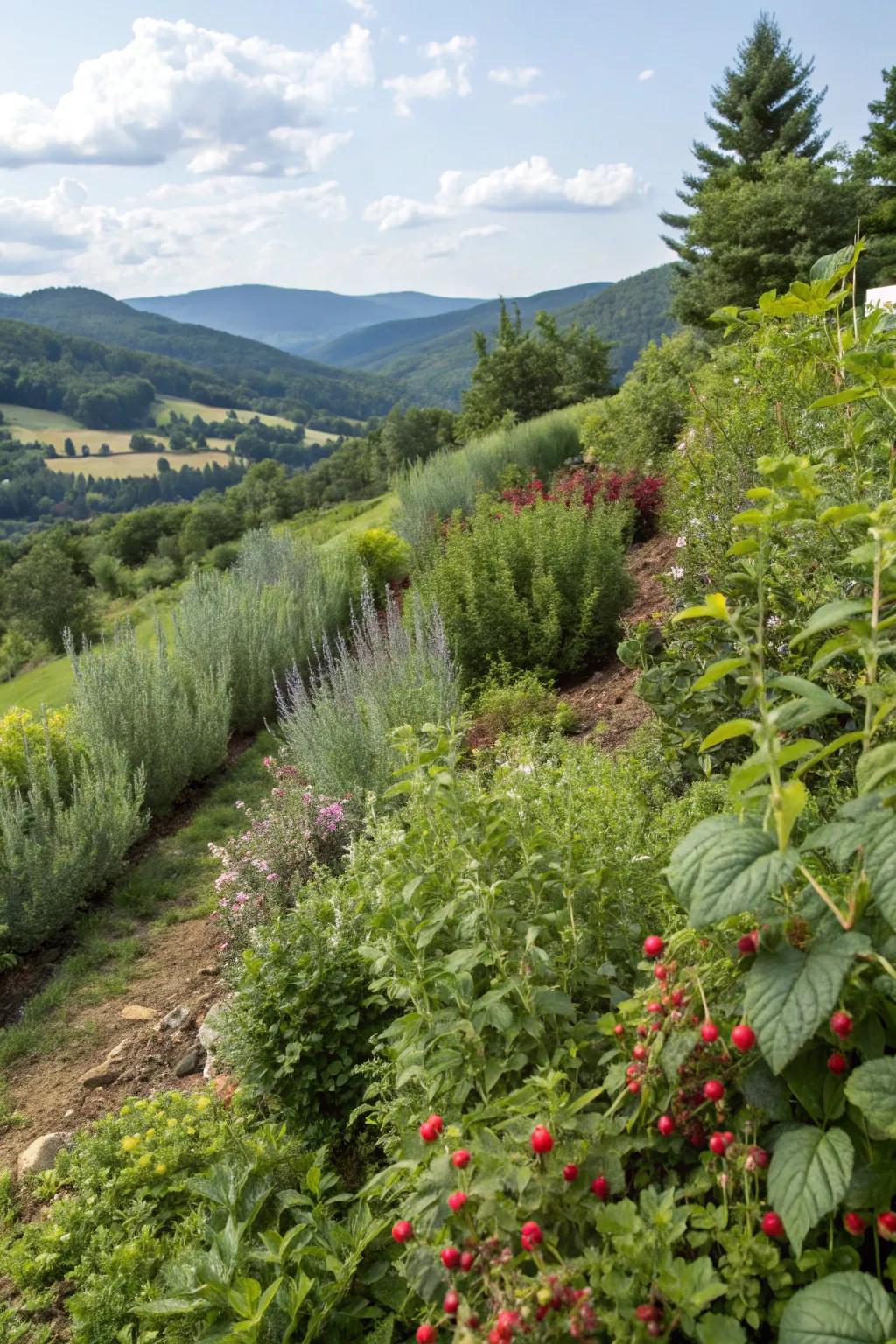 Edible plants add functionality and flavor to hillside gardens.