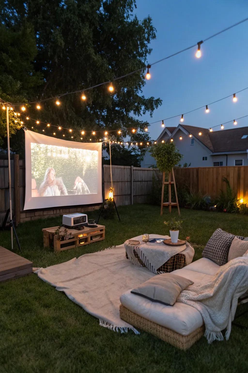 A cozy outdoor movie theater setup for a magical cinema experience.