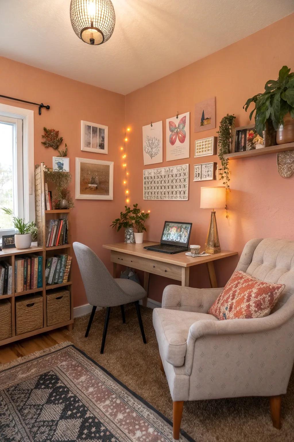 Peach walls add warmth and harmony to this welcoming home office.