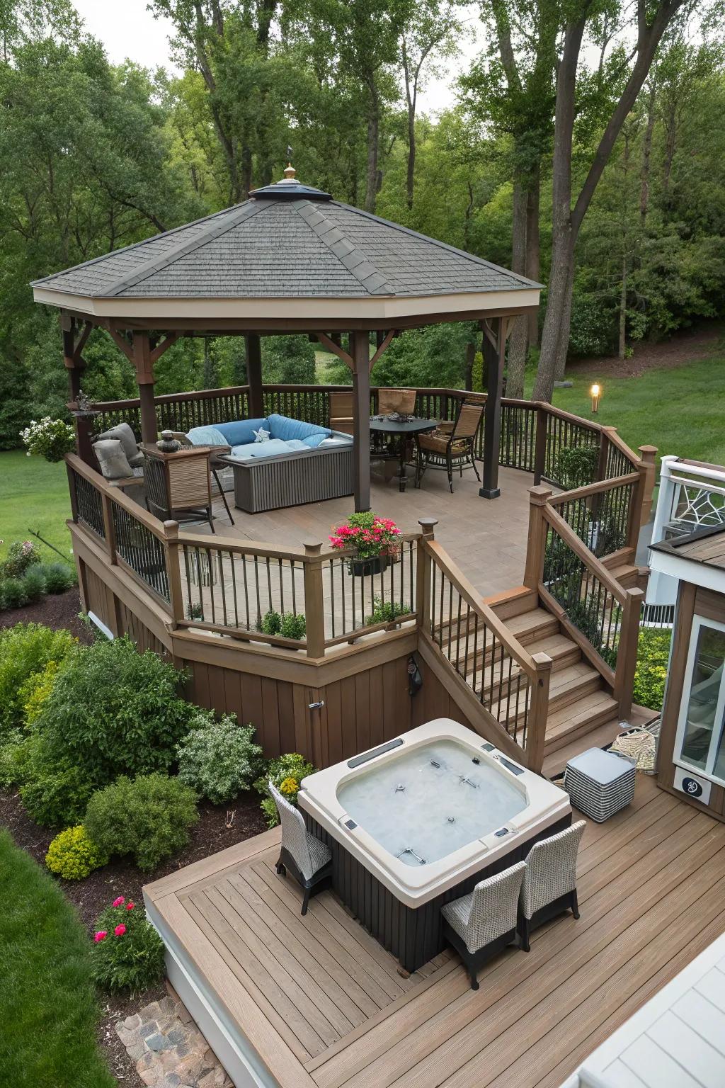 A multi-level deck adds depth and functionality to the gazebo area.