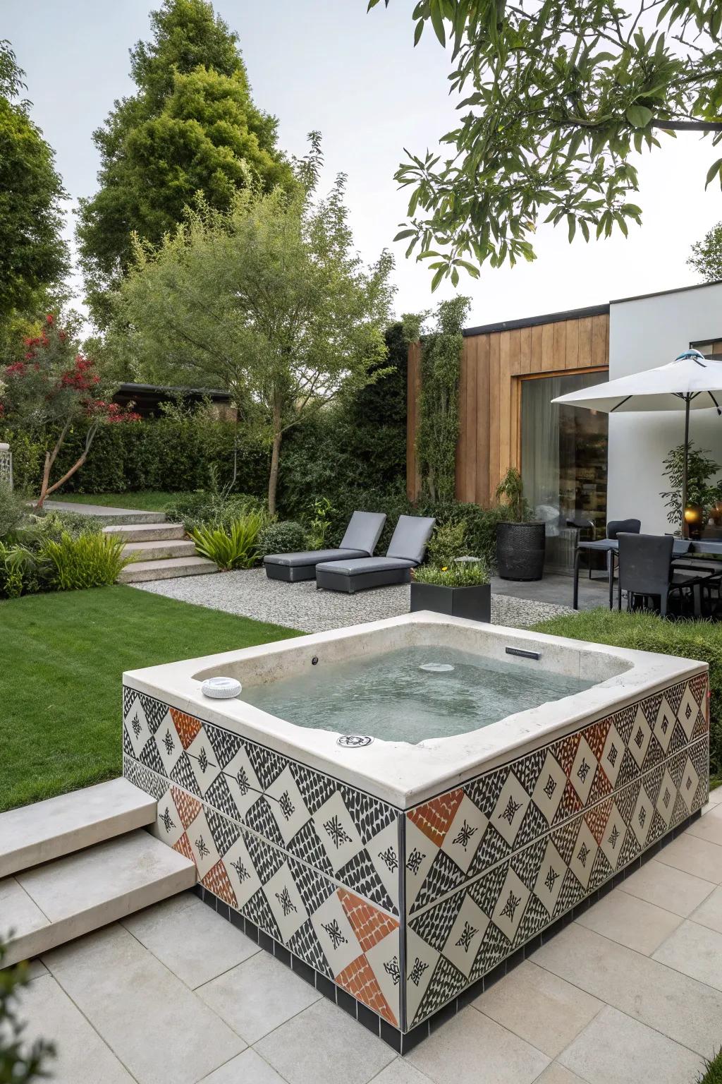 Geometric designs add a modern and artistic flair to your hot tub area.