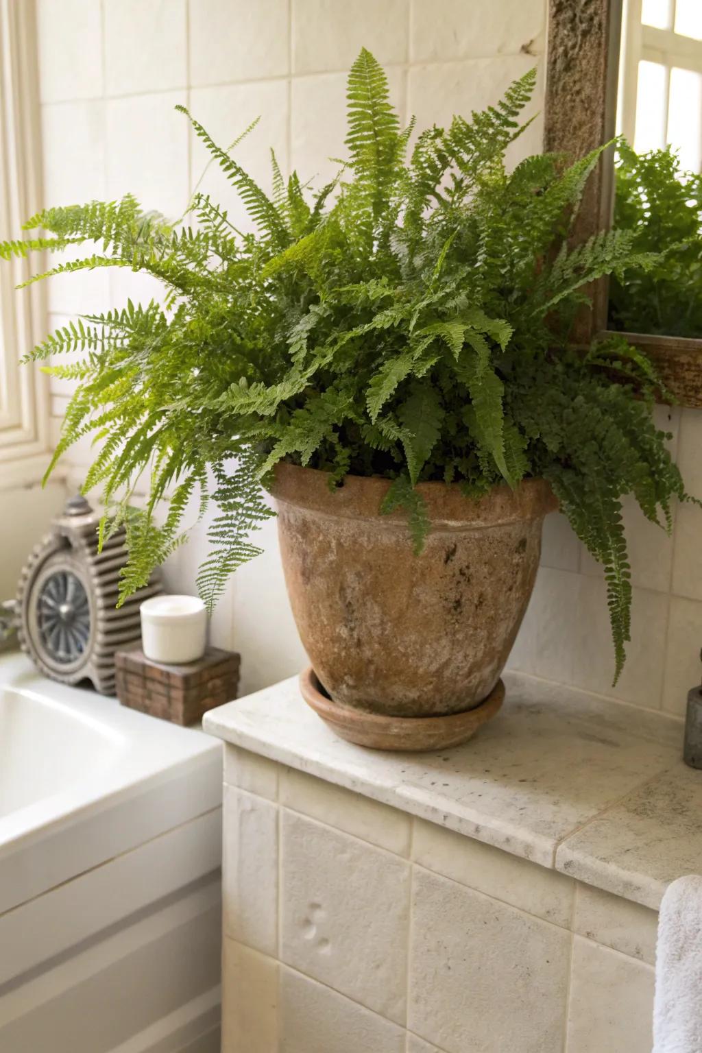 Ferns bringing a touch of nature to the bathroom.