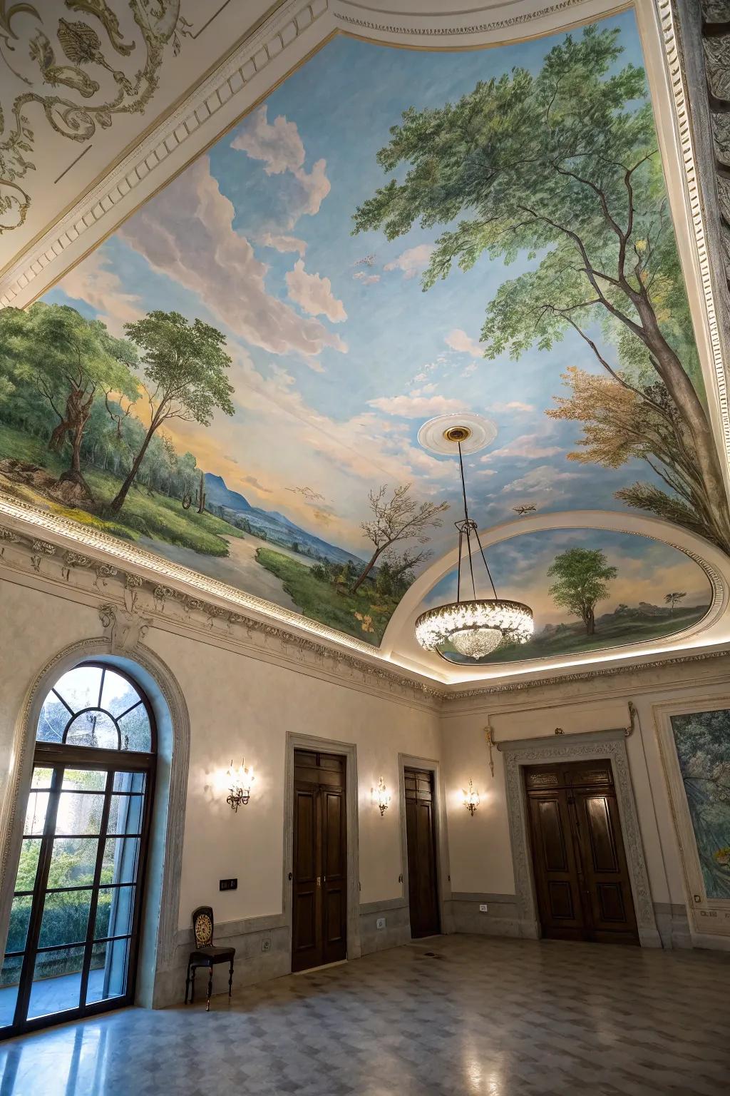 An artistic room featuring a beautiful hand-painted ceiling mural.