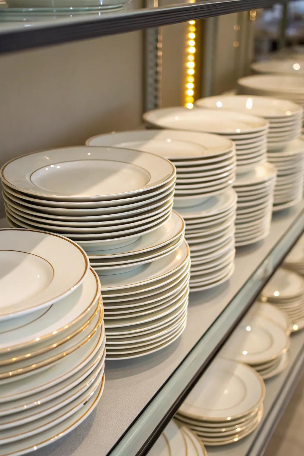 Neatly stacked china on a shelf with consistent margins for a tidy look.