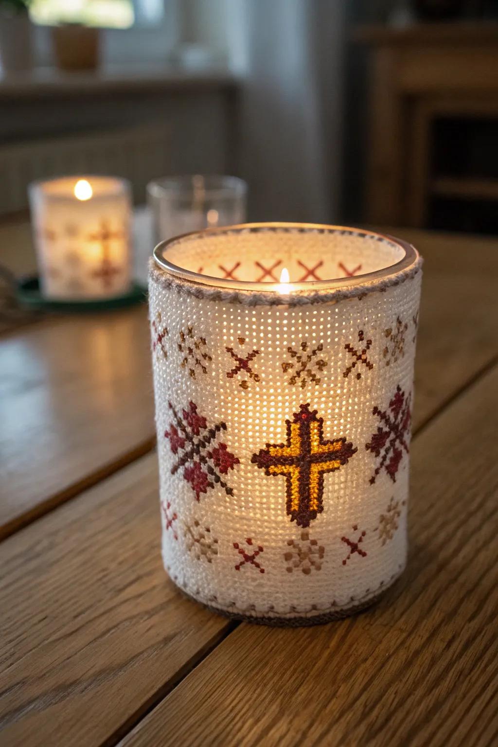 Cross stitch candle holders create a cozy, warm ambiance