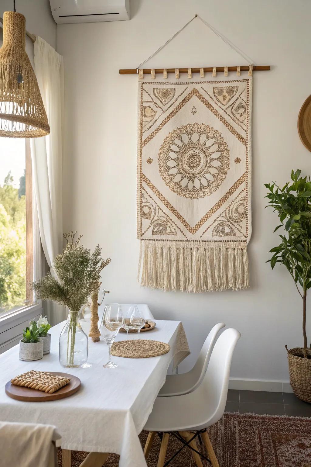 Wooden dowels offer a sleek, minimalist tapestry display.