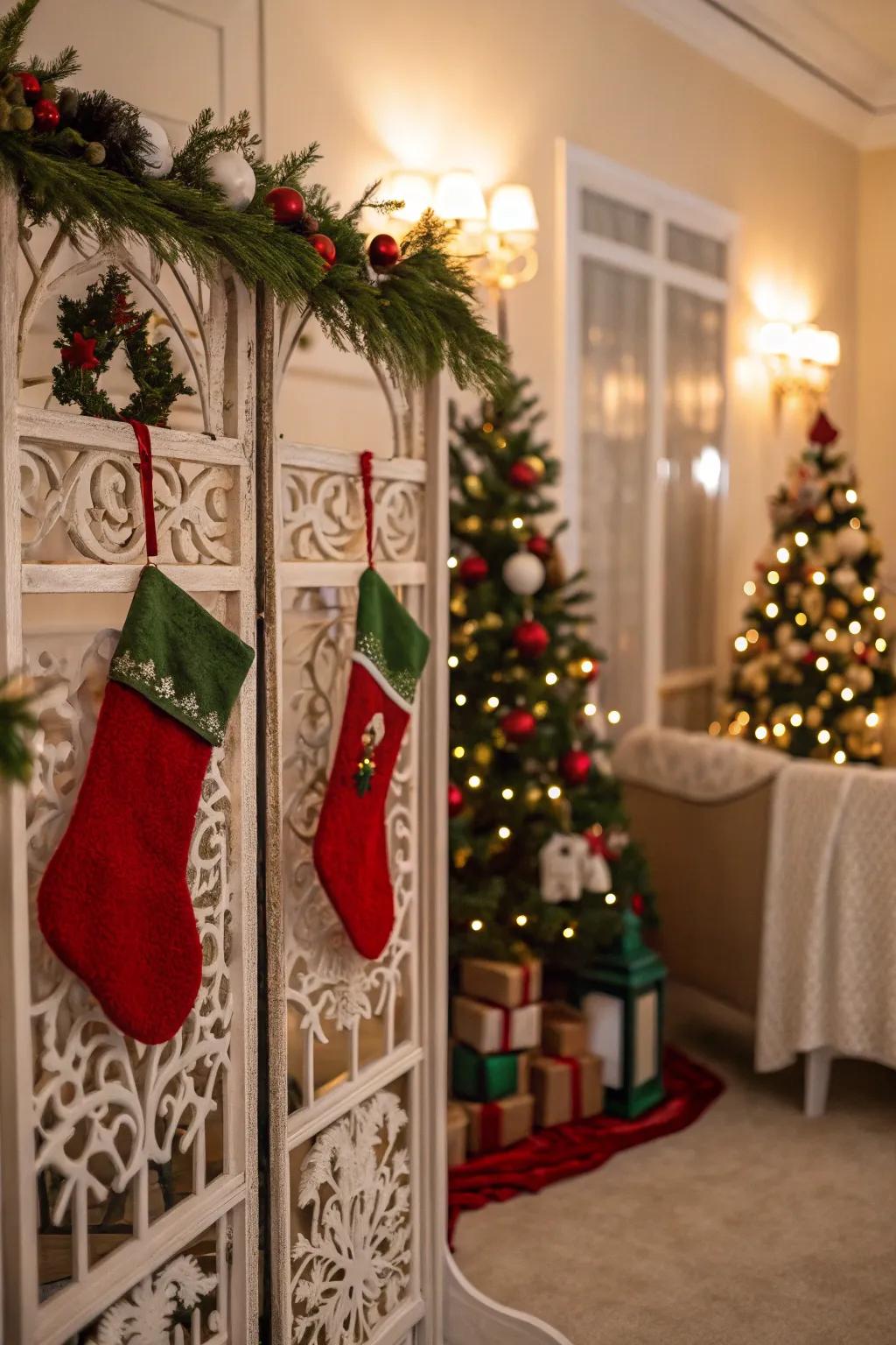 A room divider offers a stylish and artistic backdrop for stockings.