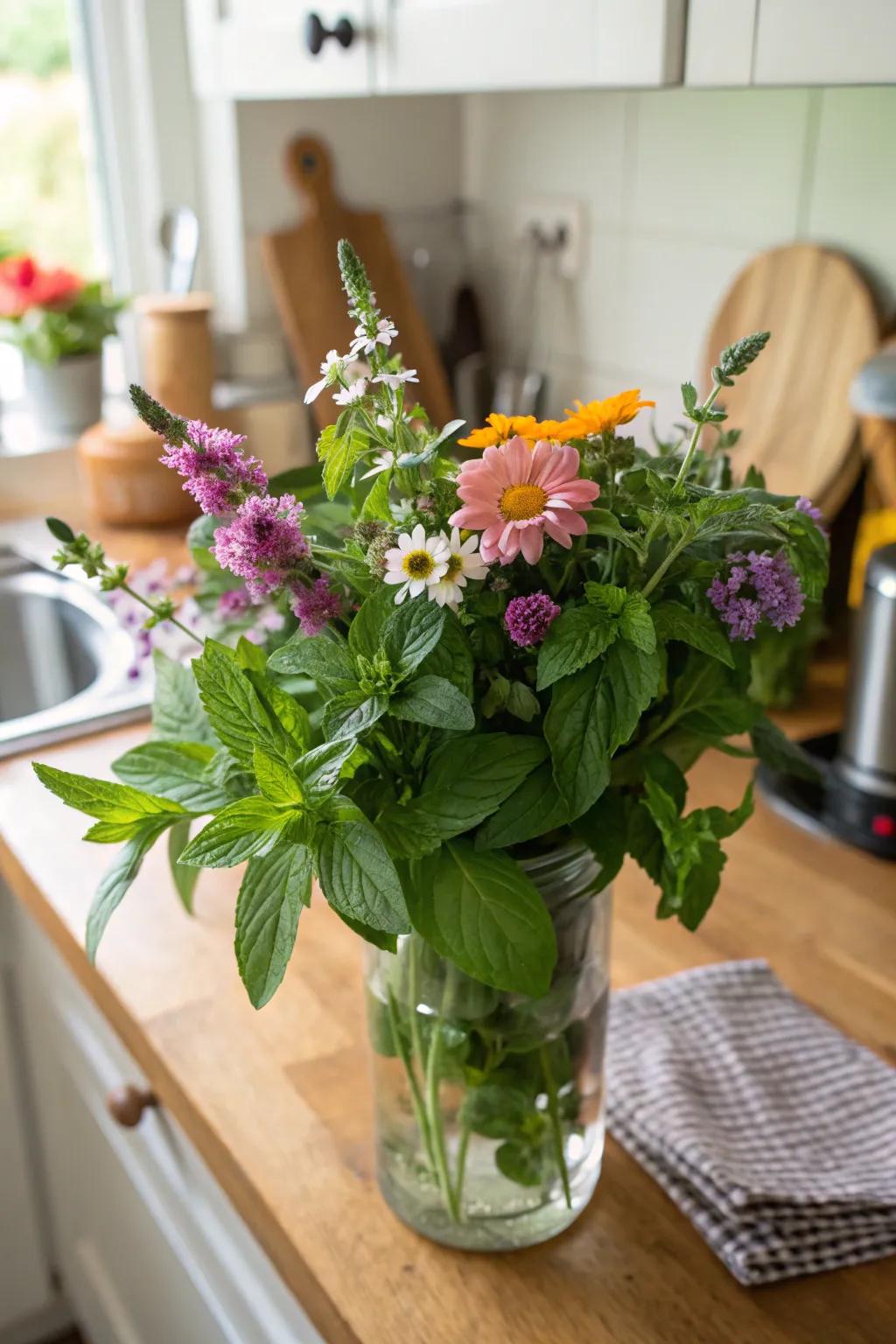 A fragrant and edible floral arrangement in the kitchen.