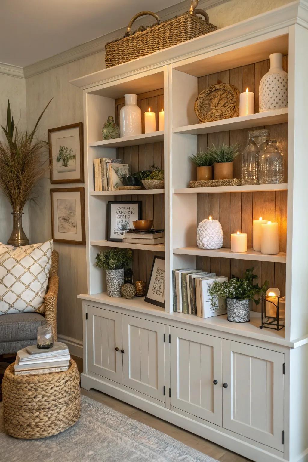 Open shelving offers a casual and accessible display.