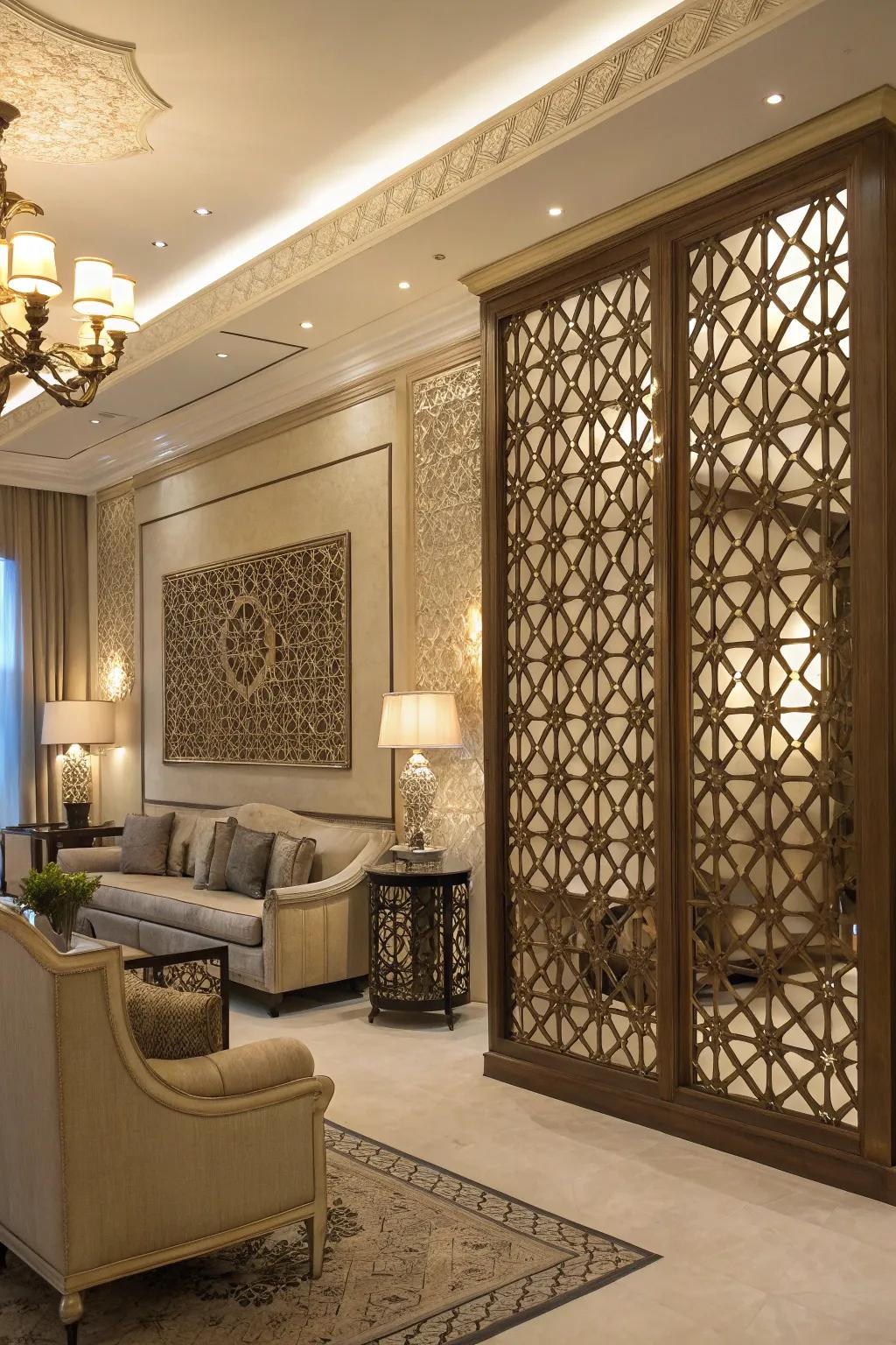 Ornate lattice wall adding a touch of elegance to the living space.