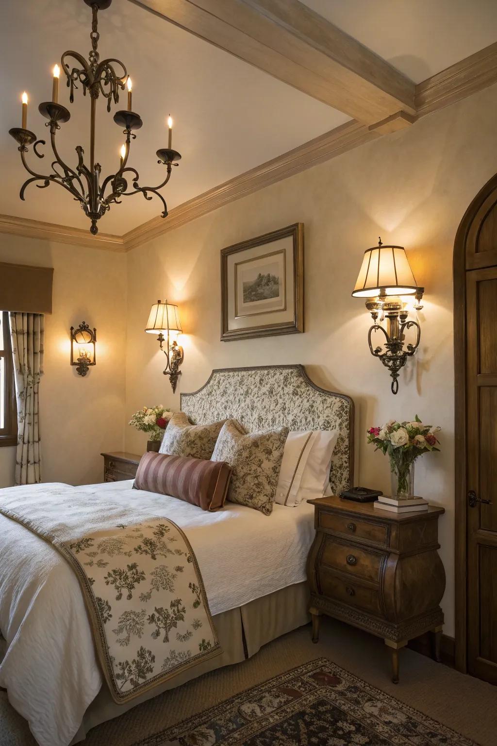 Wall sconces adding elegance and ambient lighting in a bedroom.