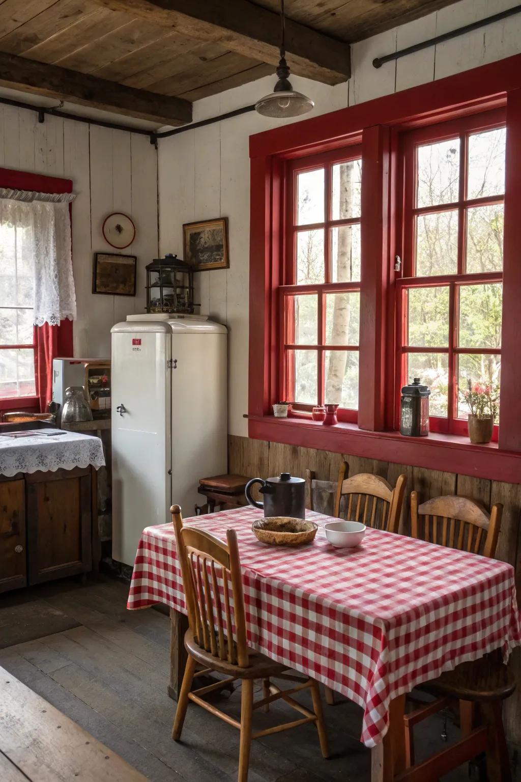 Rustic red trims enhance a cozy farmhouse feel.