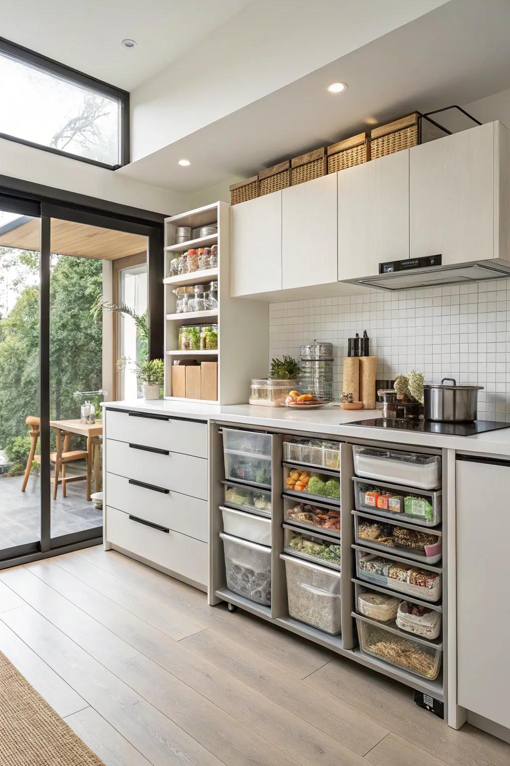 Modular storage keeps the kitchen organized and flexible.