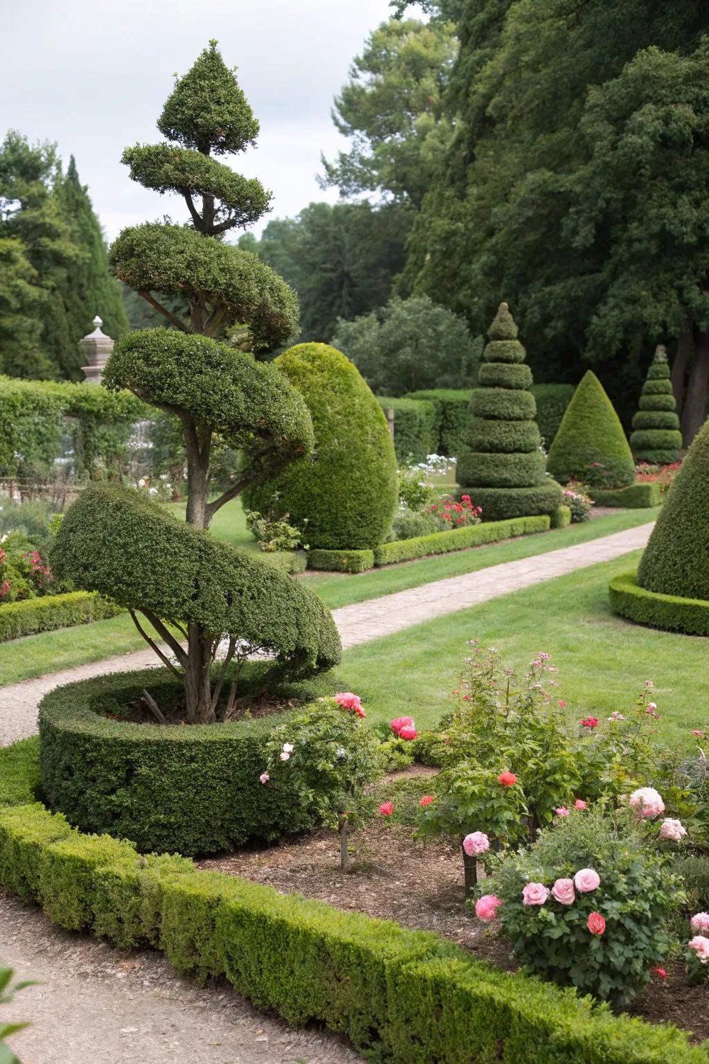 Whimsical juniper topiaries adding magic