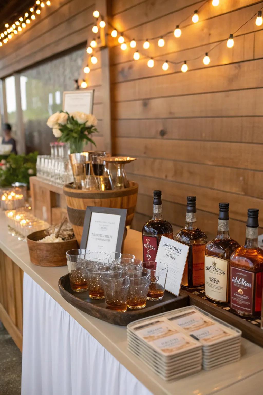 A sophisticated bourbon tasting station adds a local flavor to the celebration.