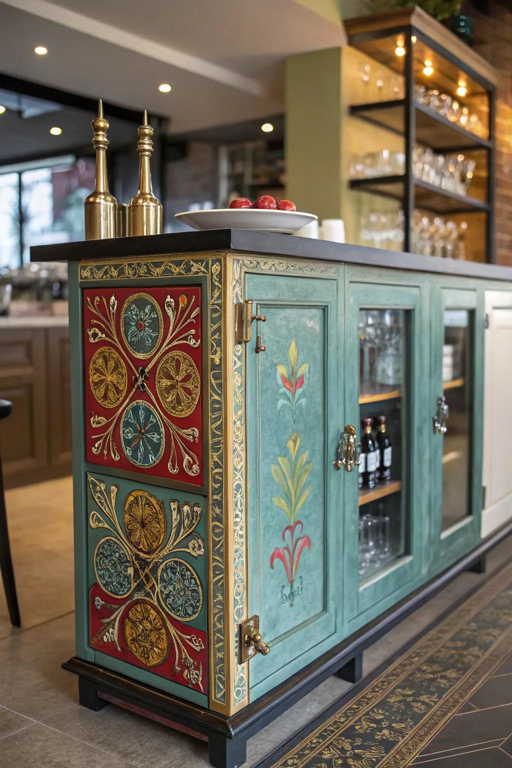 Artistic flair turns this bar cabinet into a statement piece.